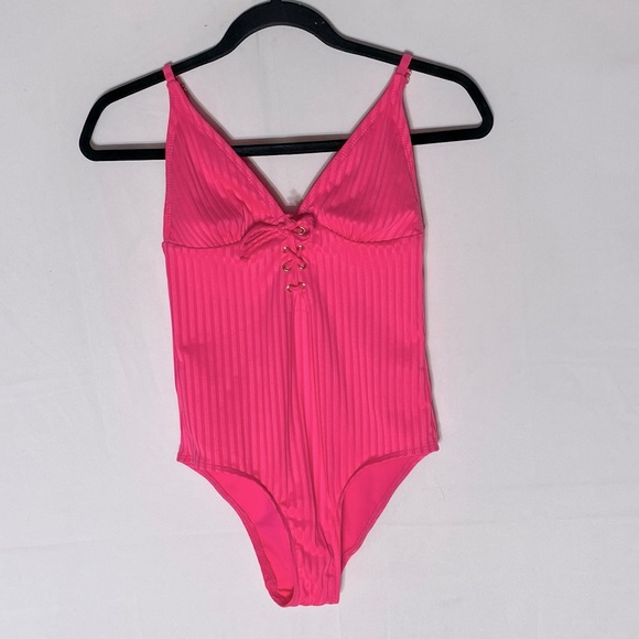 No Boundaries Pink Ribbed One Piece Bathing Suit Swimsuit S - Picture 1 of 13